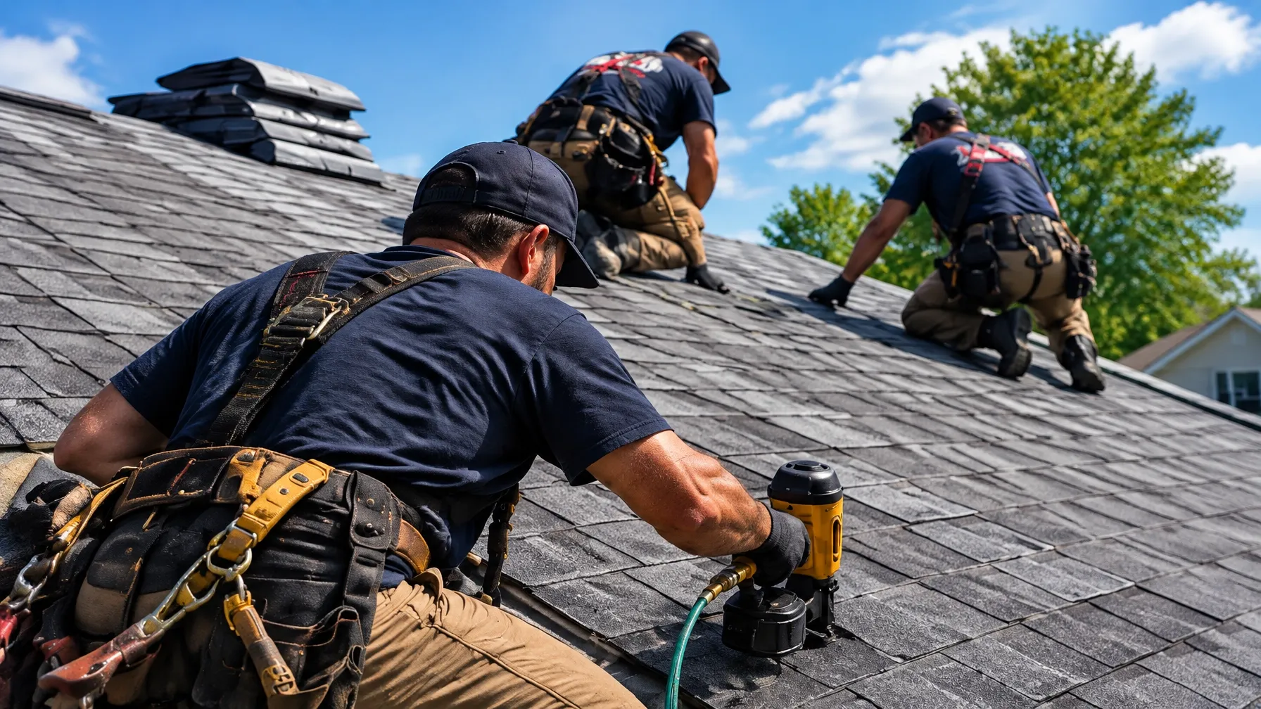 Roofing crew installing shingles on a residential roof